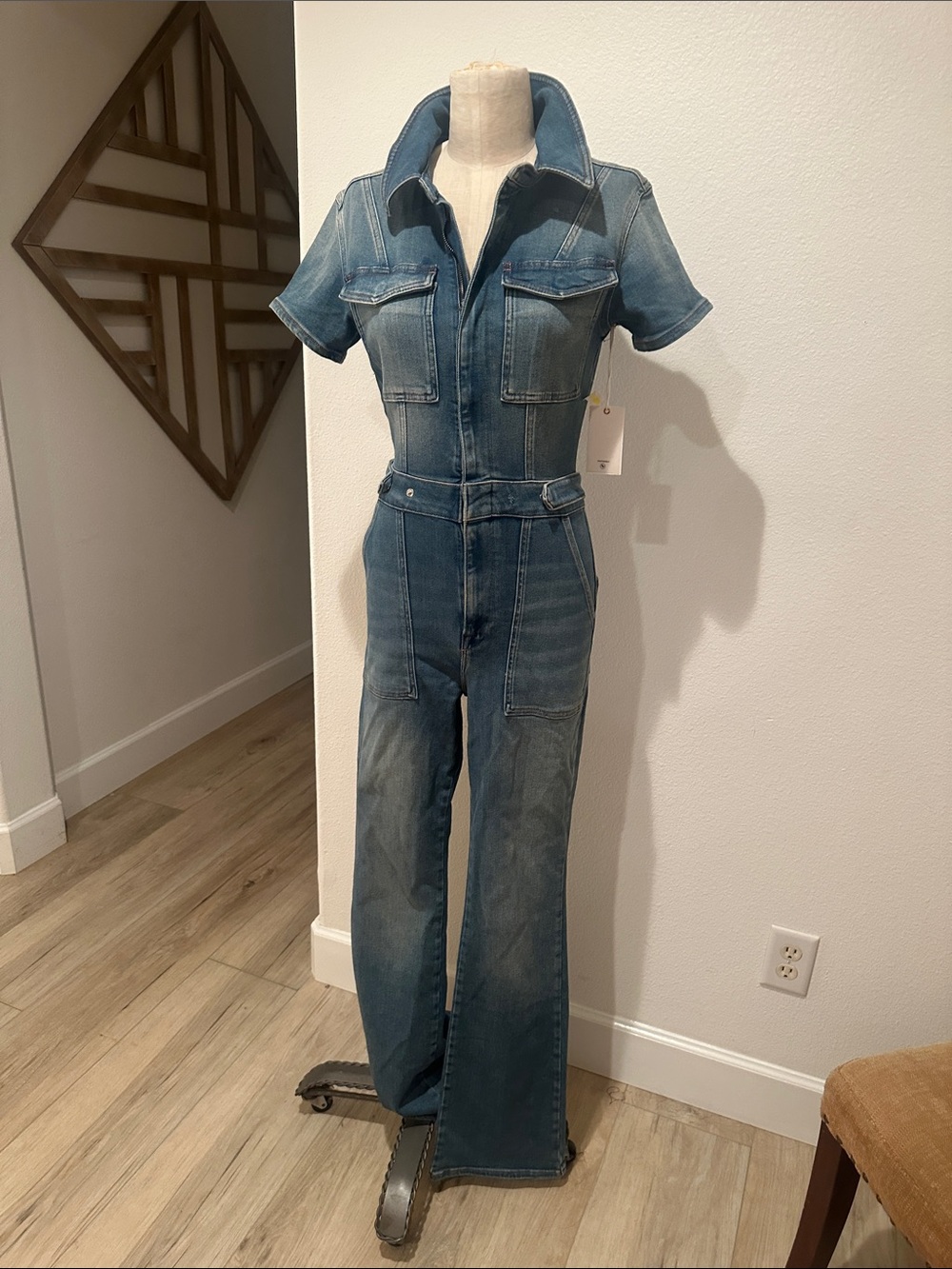 NWT Good American Blue Denim Short-Sleeve Jumpsuit